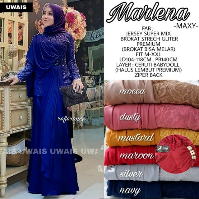 Baju Gamis Marlena Dress Ori Uwais Jersey Super Mix Broklat Strech Gliter Premium Zipper Back Murah