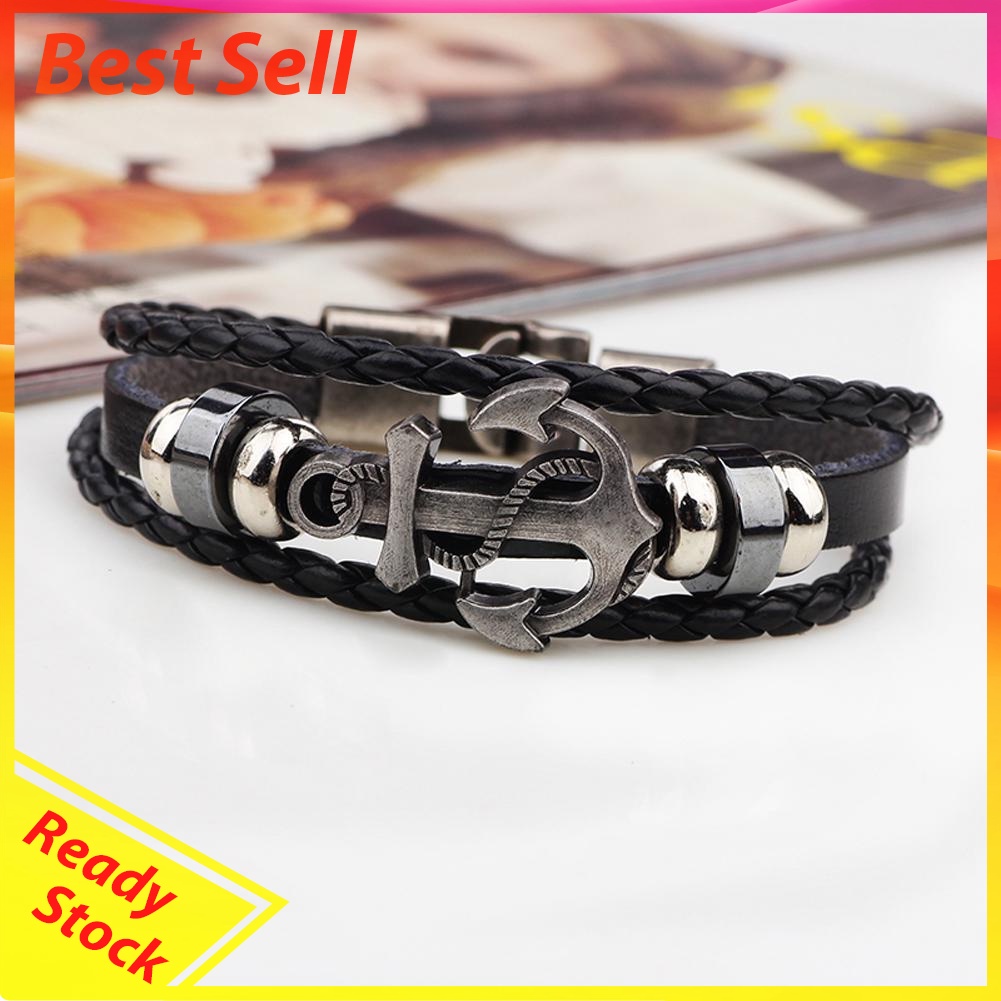 Vintage Men's Metal Anchor Steel Studded Surfer Leather Bangle Cuff Bracele