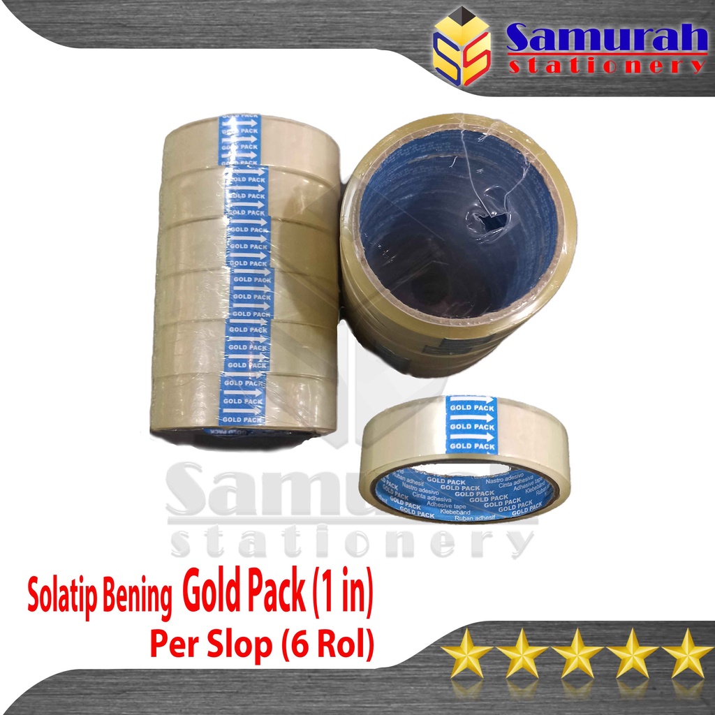 

Solatip Plastik OPP Tape 24 mm Gold Pack Bening - Coklat 1" Per Slop / Perekat Solatip Goldpack Lebar 1 Inch Panjang Lingkar / Core Biru 2.4 cm