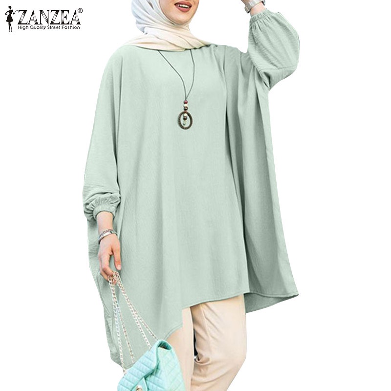 ZANZEA Women Fashion Casual Full Sleeve  Solid Color Irregular Hem Retro Muslim Blouse