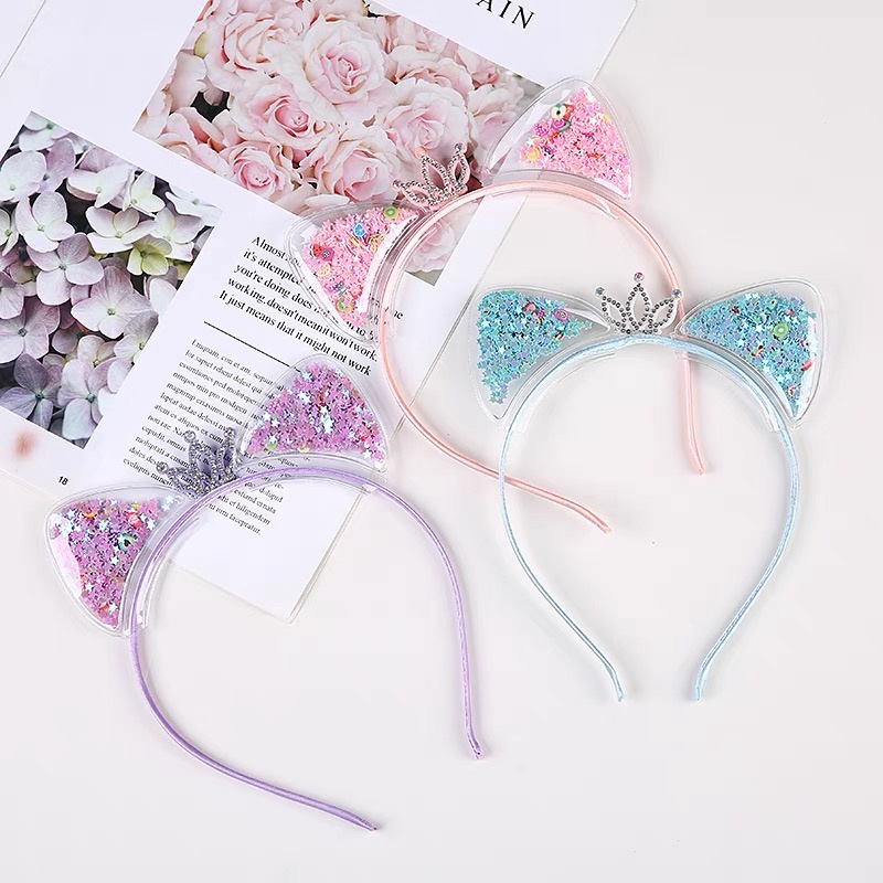 Bando Lucu Motif Telinga Kucing Aksen Payet untuk Bayi/Anak Perempuan