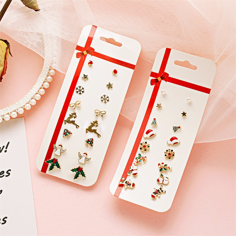 8 Pasang / Set Anting Desain Santa Claus Elk Snowflake Snowman Untuk Aksesoris Natal