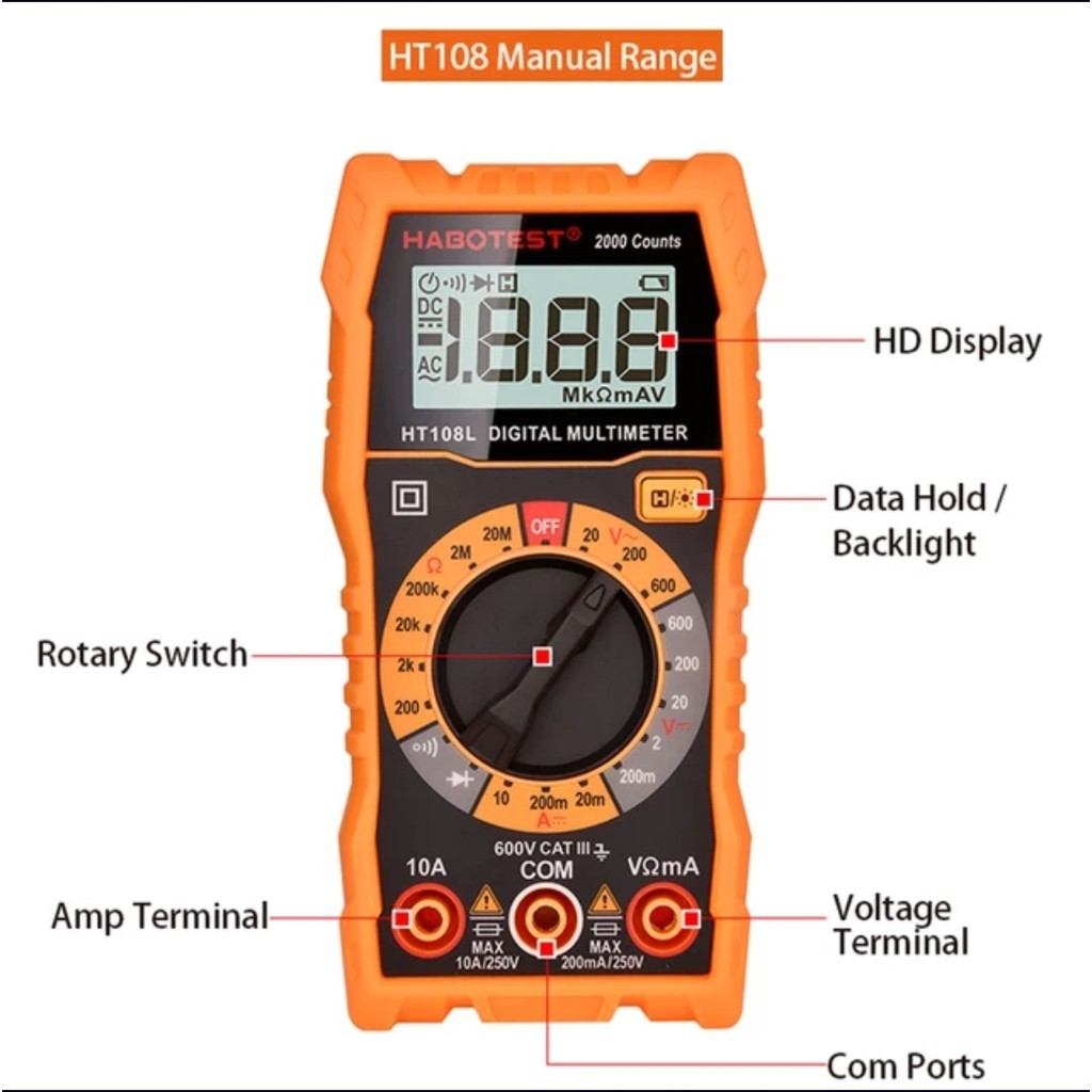 Multitester Multimeter Avometer Digital Habotest HT108L Voltase Meter Ohm AC DC 600V Amper Resistans