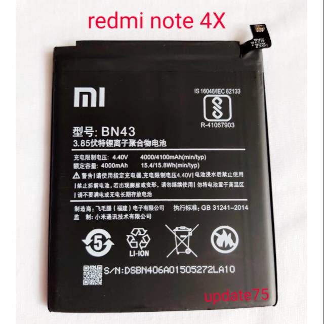 Baterai xiaomi Redmi note 4X 4 Snapdragon BN43 original
