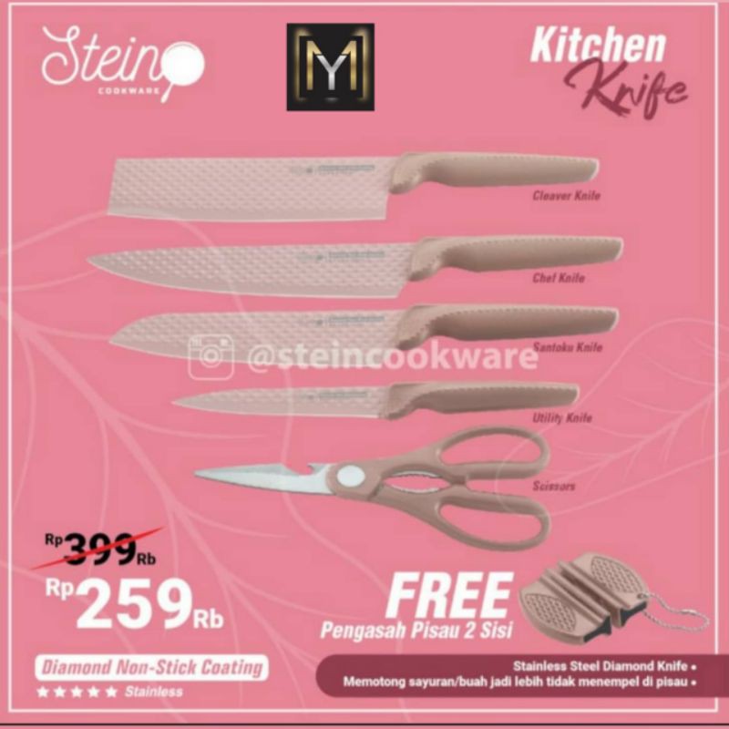 Stein Steincookware Pisau Diamond Knife Set 5 + Free Knife Sharpener Pisau Dapur Pisau Stein