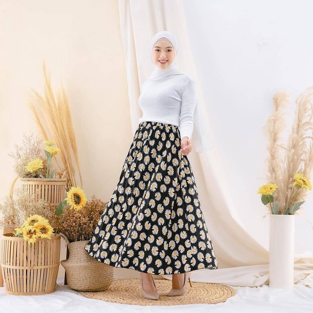 Rok Flower Plisket Hyget Premium Murah / Rok Plisket Motif Bunga / Rok Wanita Murah