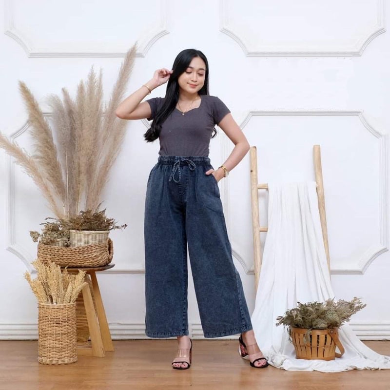 Kulot Rawis Jeans Pinggang Karet Snow Blue Celana Jeans Kulot Wanita Kekinian Size M L XL XXL Muat b