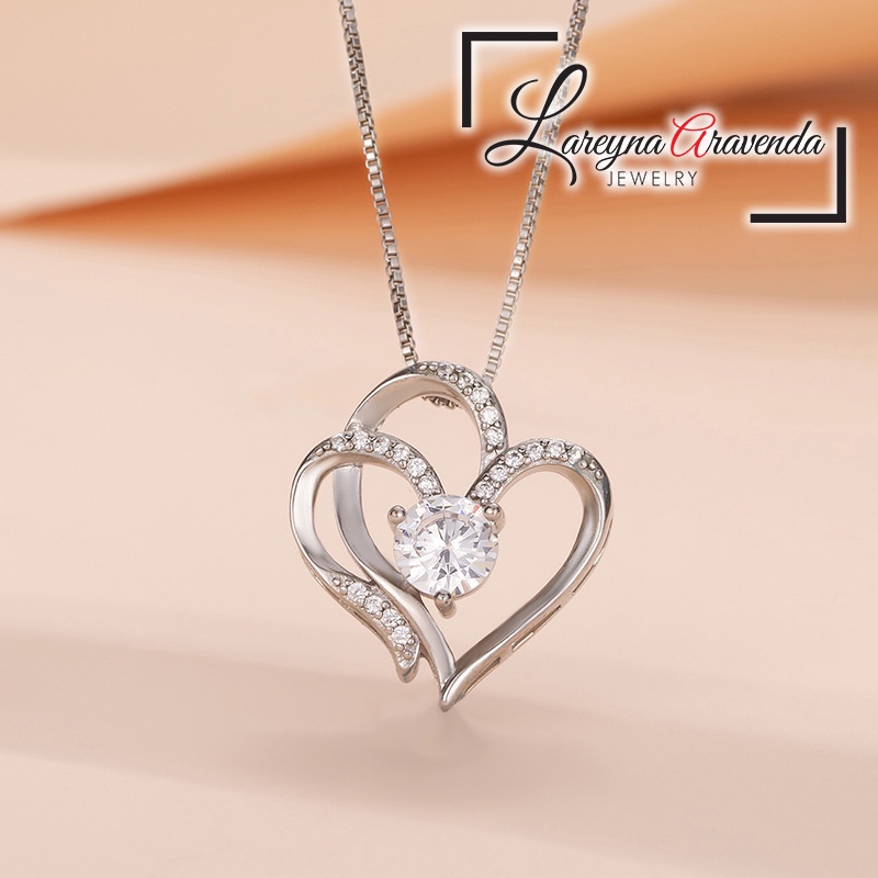 Kalung Titanium + Liontin Wanita Model Double Love Crystal KL020