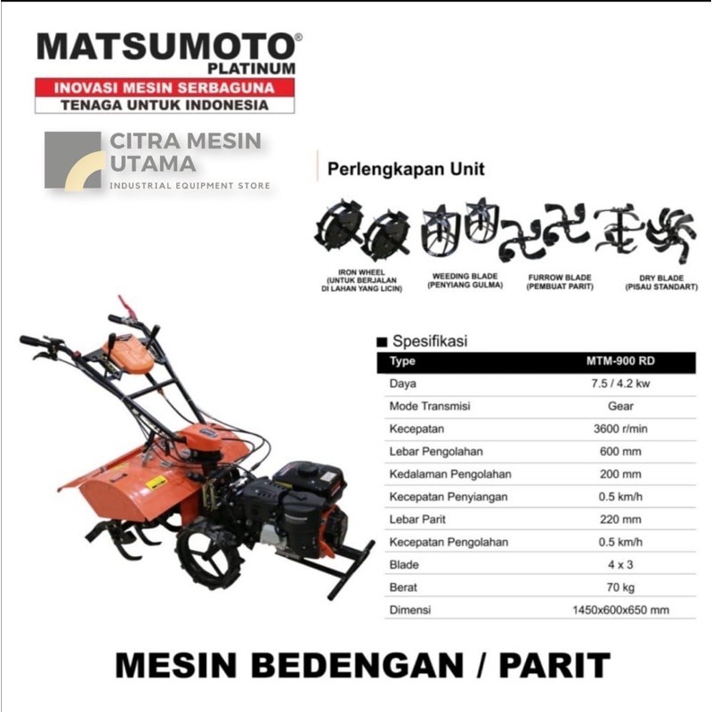 Mesin Bedengan Parit Cultivator Tiller Matsumoto MTM-900 RD