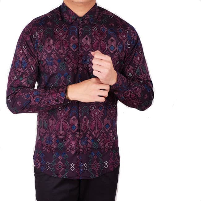 Trendi 2018 kemeja lengan batik songket purple / baju cowok batik songket panjang