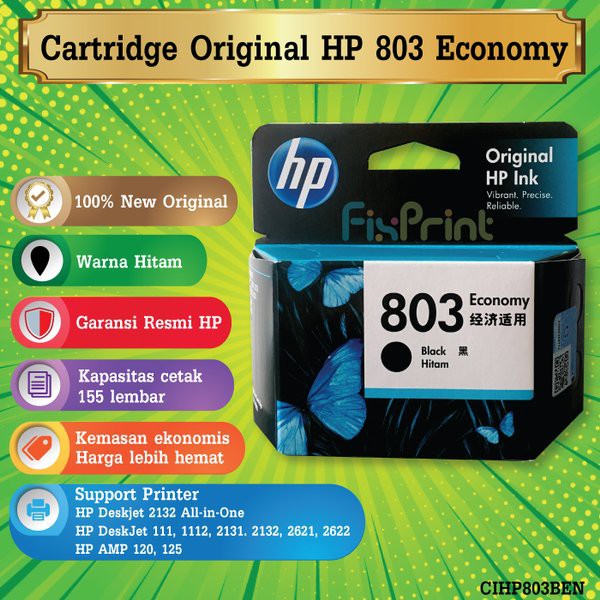 Cartridge Original HP 803 Black F6V21AA Tinta Printer HP DeskJet 1115 1112 2132 3830 4650 1110 3630