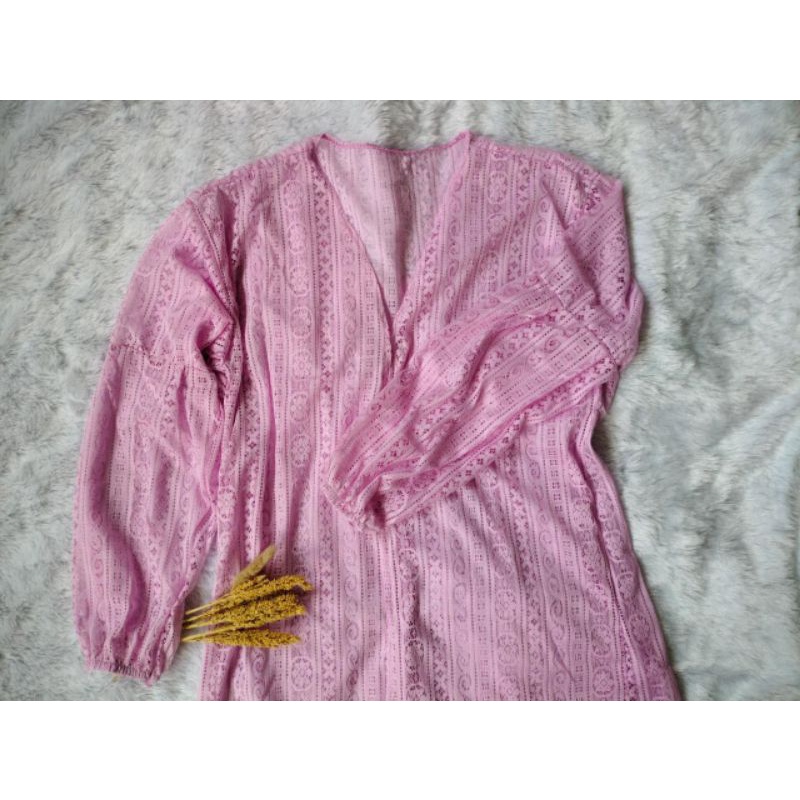 Cardigan Brokat Lengan Balon/Kardigan Burkat/Kardi Brukat/Outer Long Cardi-Pink