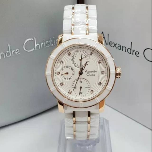 jam tangan alexandre christie ac6292 ceramic white rosegold ladies 6292