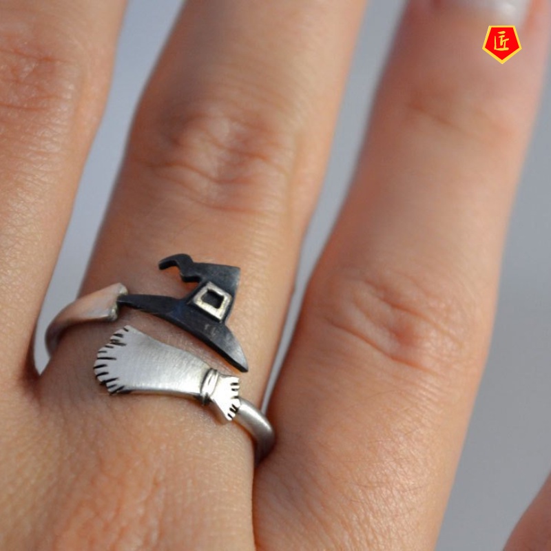 [Ready Stock]Creative Halloween Witch Hat Silver Black Ring