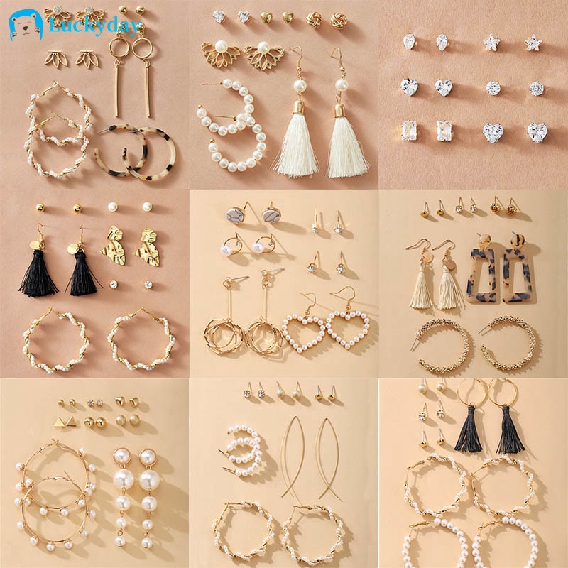 YEEZII Anting-Anting Retro Gaya Korea Warna Emas Ornamen Mutiara Akrilik Bentuk Geometris Untuk Wanita