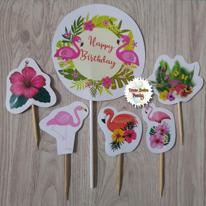 Cake Topper Happy Birthday / Cake Topper Flamingo/ Hiasan Kue Flamingo