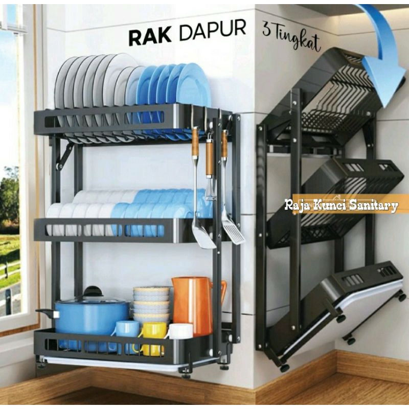 Rak Piring Lipat Stainless Hitam Black/Rak Piring 3 Susun Lipat Hitam/Rak Dapur/Rak Kitchen Set