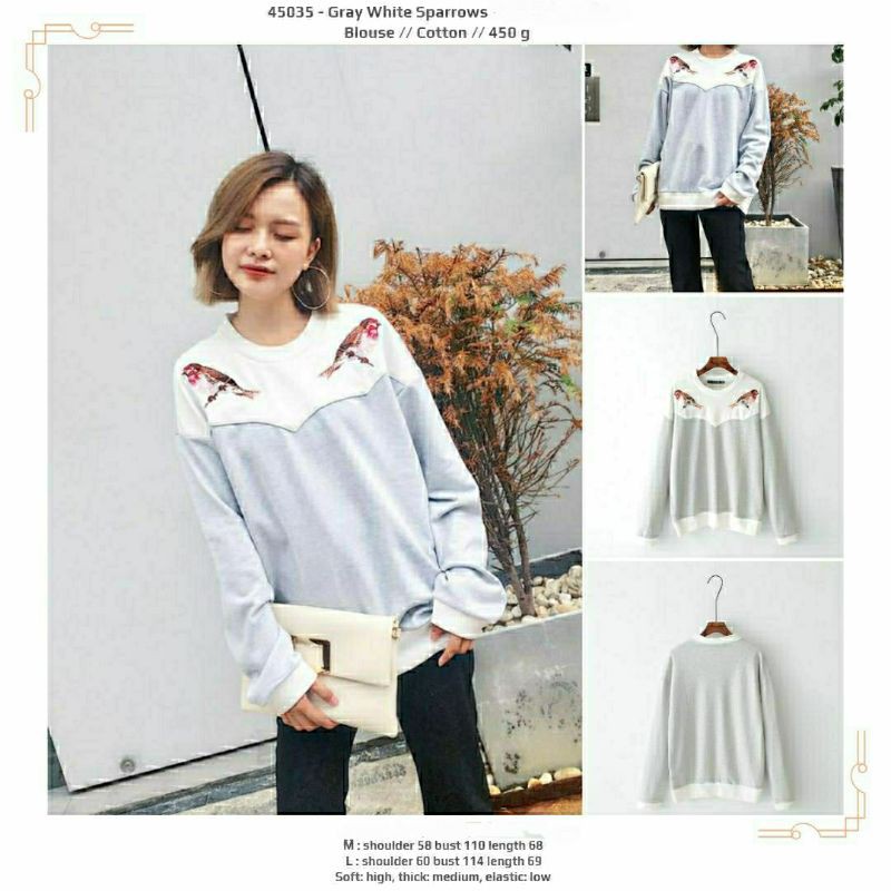 Kaos jumbo cewek abu abu bordir burung lengan panjang