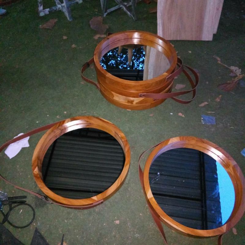 cermin kayu bulat bundar / cermin dinding / cermin gantung