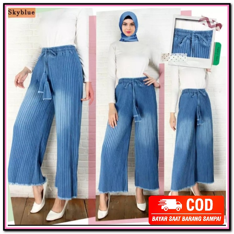 Celana Kulot Rayon Vania JW821 Celana Kulot Jeans Plisket Panjang Wanita - Biru Muda, All Size