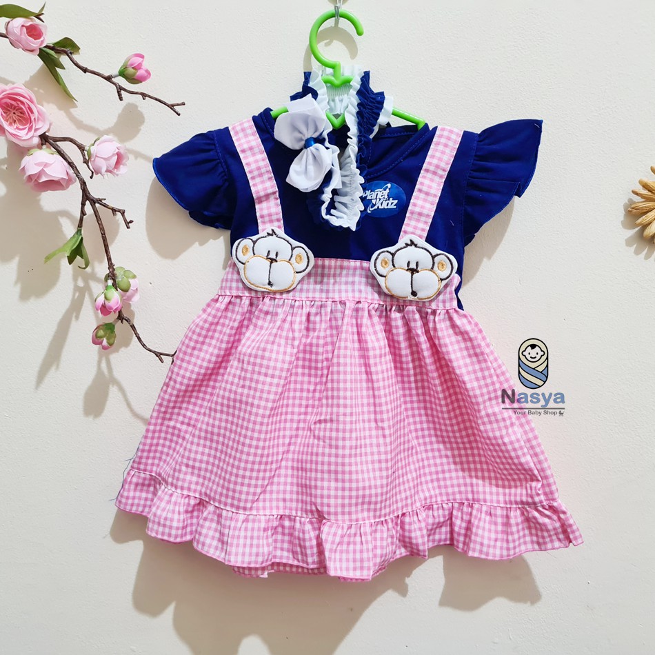 [P-015] Baju Bayi Model Dress MURAH baby girl (0-6 bulan) + Bandana-Monyet Biru Pink
