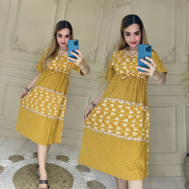 Daster Susun 2 Motif Kekinian Isyana Sarasvati Rayon Resleting Depan Busui Bunga Tulip ft Polkadot