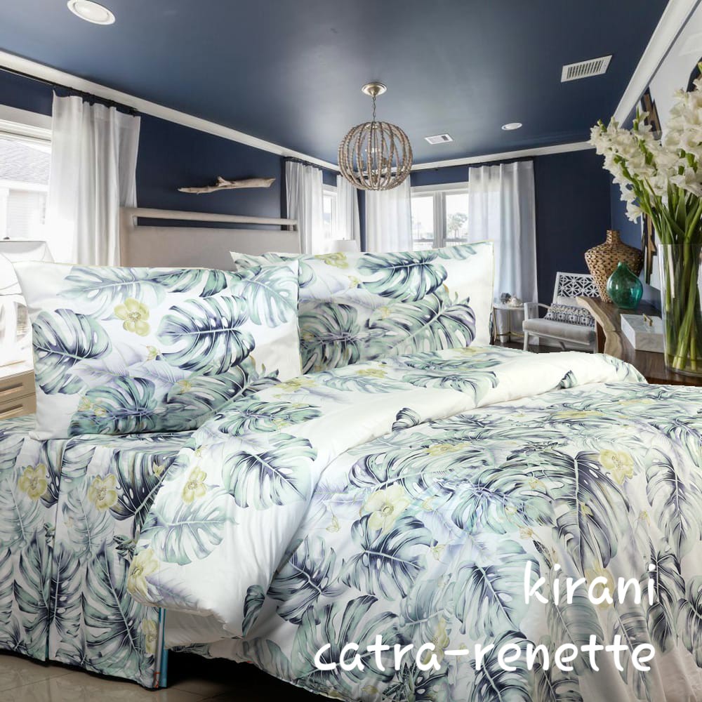 READY KIRIM sprei 160/180 x200x20 kirani LEAF DAUN HITAM (sprei+ 2 psg btlglg) bahan CATRA / RENETTE