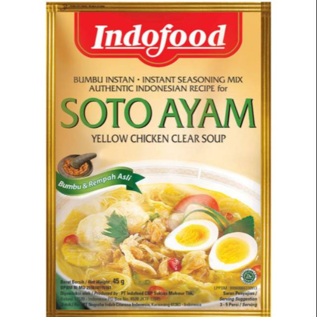 

INDOFOOD BUMBU INSTANT SOTO AYAM 45 GR /INDOFOOD INSTANT SEASONING YELLOW CHICKEN CLEAR SOUP