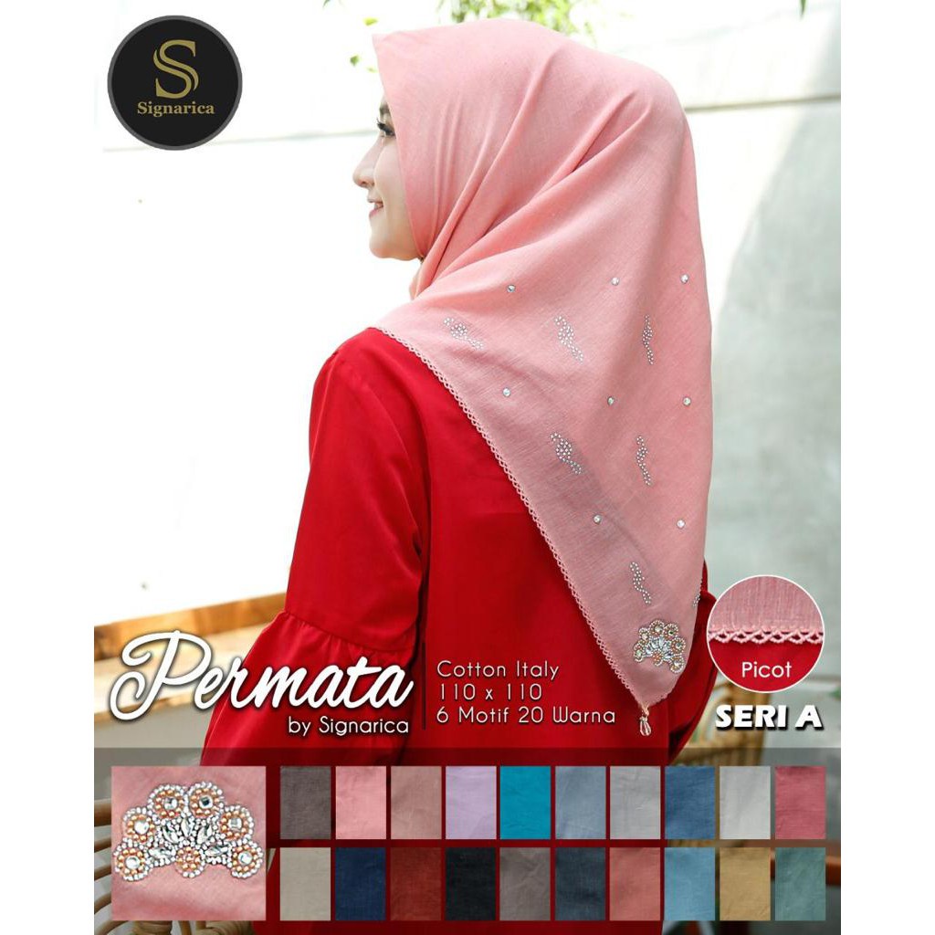 SEGIEMPAT PERMATA PICOT HIJAB BY SIGNARICA BAHAN VOAL COTTON ITALY 110 X 110 SEGI EMPAT MEWAH GROSIR