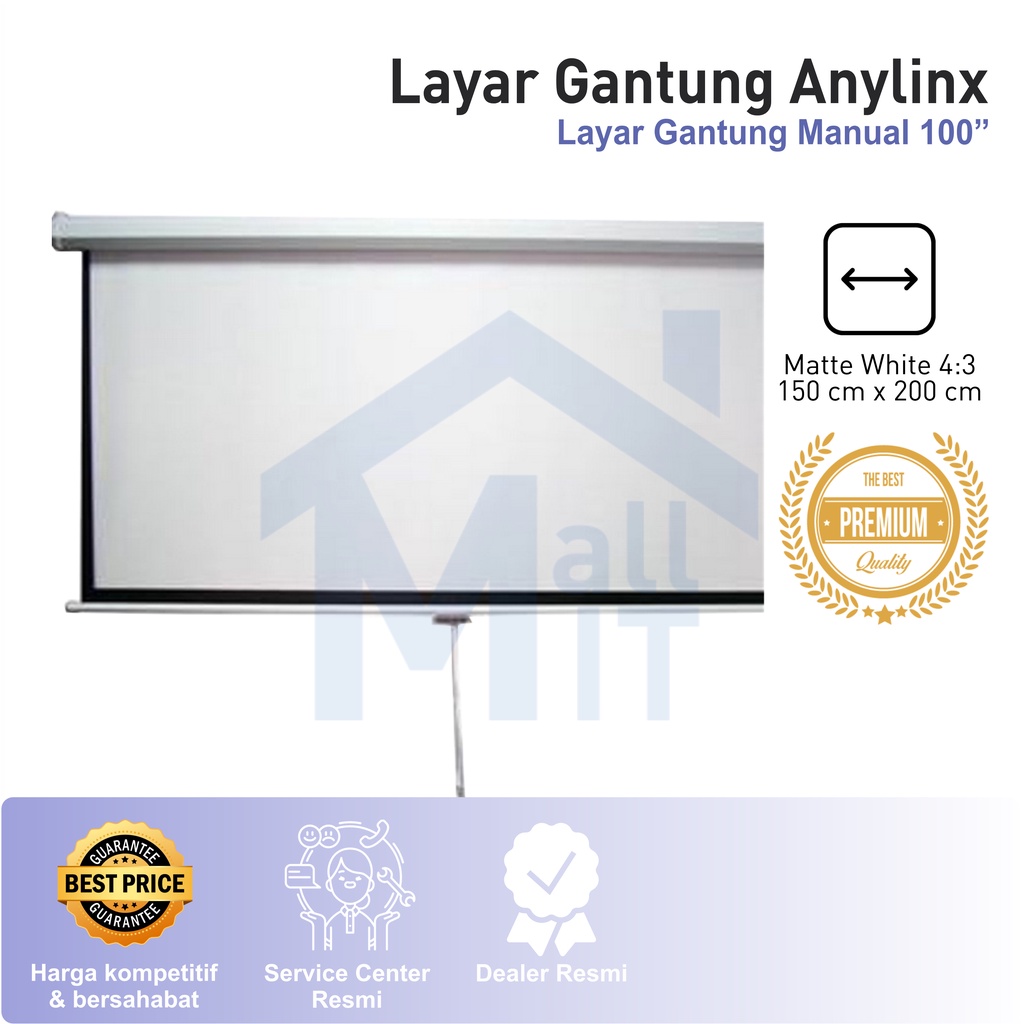 Layar Manual Gantung Proyektor Projector ANYLINX Projector 4:3 100 inci 2 m x 1.5 m