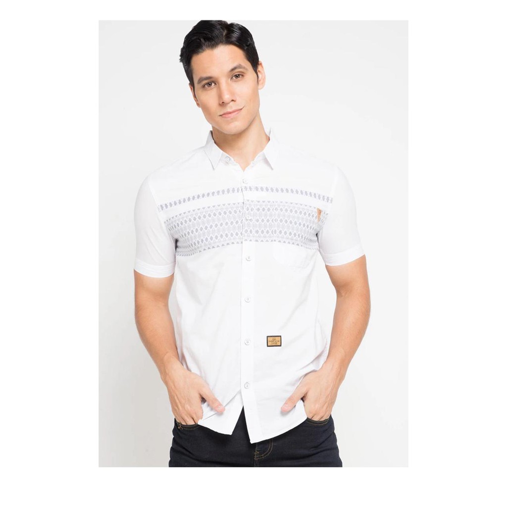 Emba Jeans Lane Kemeja Lengan Pendek Putih Pria / Baju Casual Keren Cowok