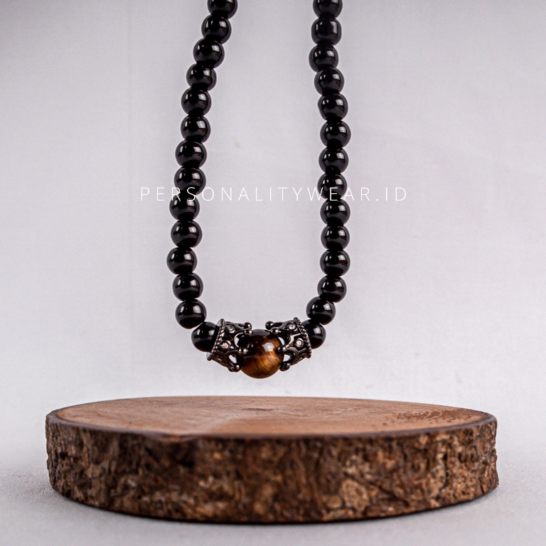 Kalung Pria Wanita Cowok Cewek Batu Akik Permata Kristal Black Onyx Hitam dan Tiger Eye ASLI Ori Keren Kekinian