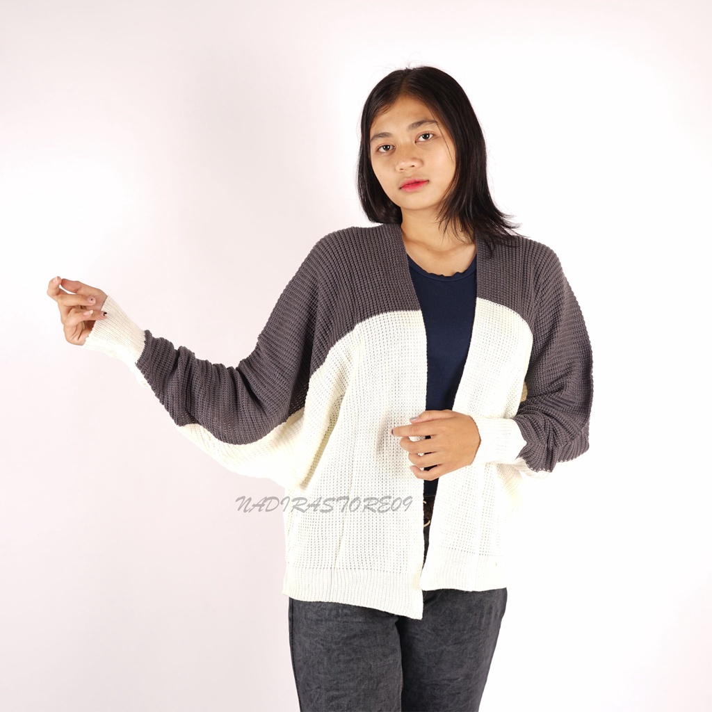 CARDIGAN BATWING RAJUT OVERSIZE PREMIUM / KOMBINASI / ABU TUA OFF WHITE