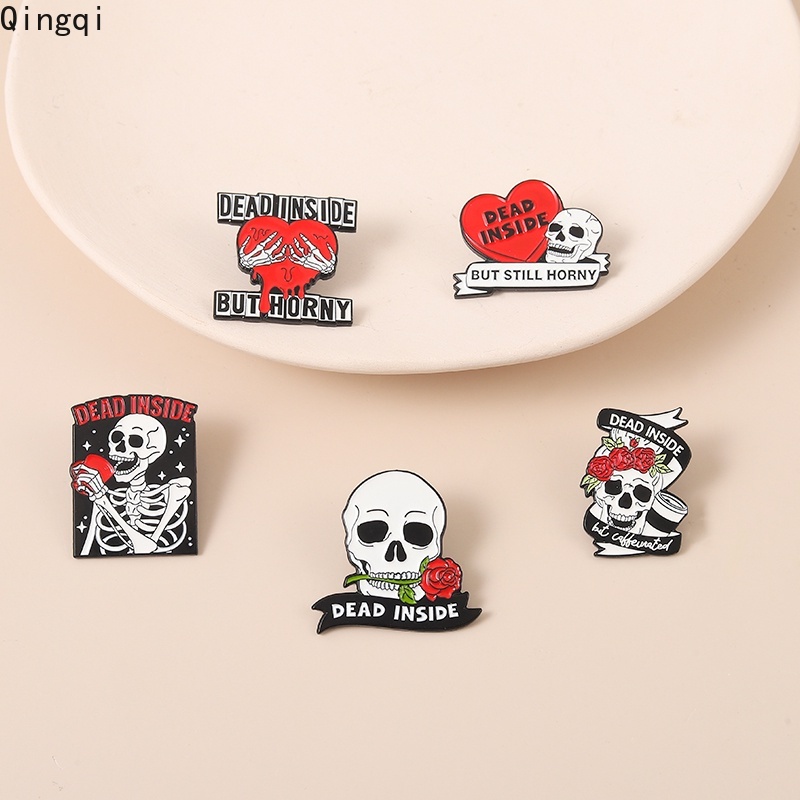 Bros Pin Enamel Bentuk Tengkorak Bunga Hati Merah Gaya Punk Untuk Pria Dan Wanita