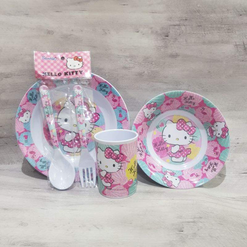 Vanda piring makan Hello Kitty Summer Shell Piring Makan Mangkuk Gelas Sendok Garpu Melamin