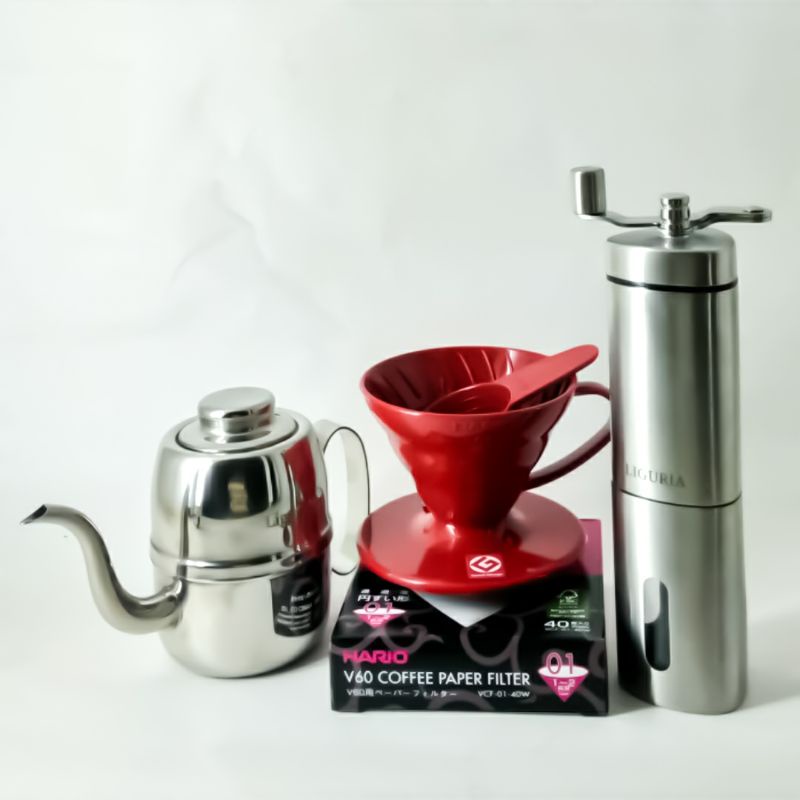 Jual Paket Hario V60 Coffee Dripper 01 + Filter 01 + Grinder Kopi + Teko Murah