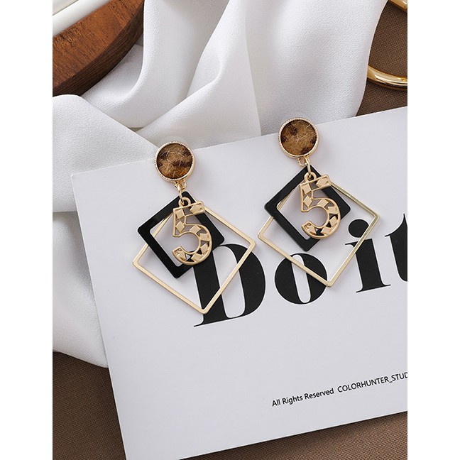 LRC Anting Tusuk Fashion Number 5 Plush Leopard Geometric Square Openwork Number 5 Earrings D20795