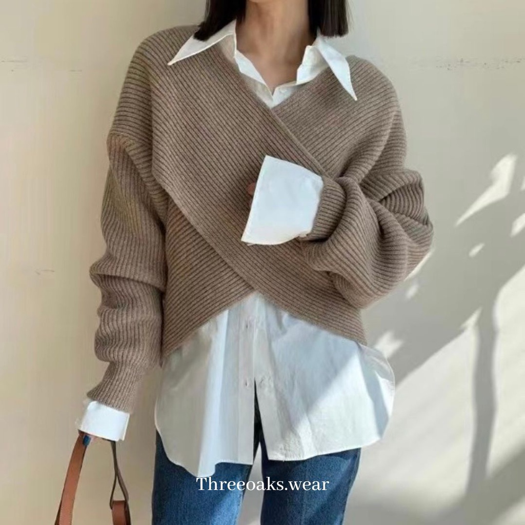 SNOWDROP CROSS SWEATER - SWEATER RAJUT IMPORTED CROSS BODY PREMIUM DENGAN LENGAN BALON SUPER CUTE KOREAN STYLE