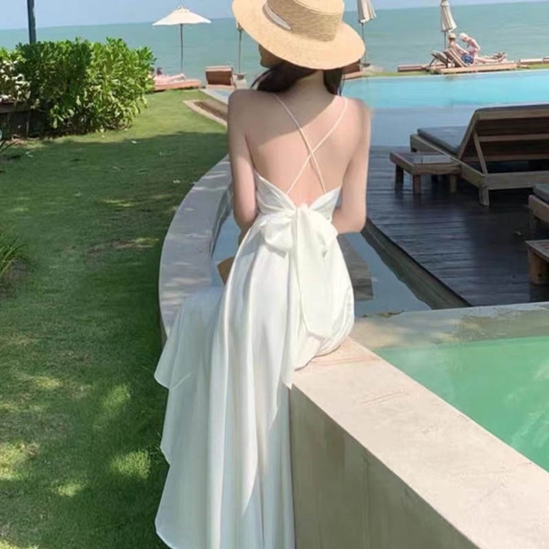 H7 D23/22 White dress pantai back less v neck / midi dress A line / sexy dress