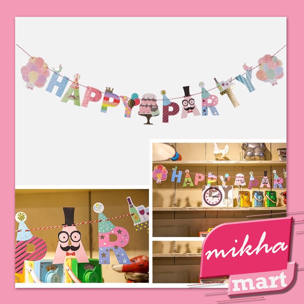 BANNER Topper HAPPY PARTY Desain Tulisan Happy Birthday BANNER ULANG TAHUN Bahan Kertas - MIKHAMART