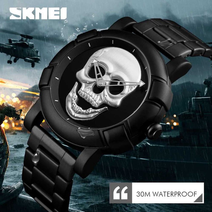 Jam Tangan Analog Pria SKMEI Motif Skull Tengkorak Stainless Steel WP