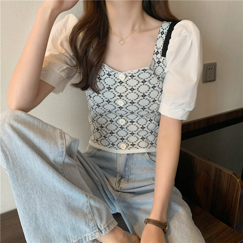 Blus Crop Top Rajut Slim Square Neck Lengan Puff Panjang Untuk Wanita