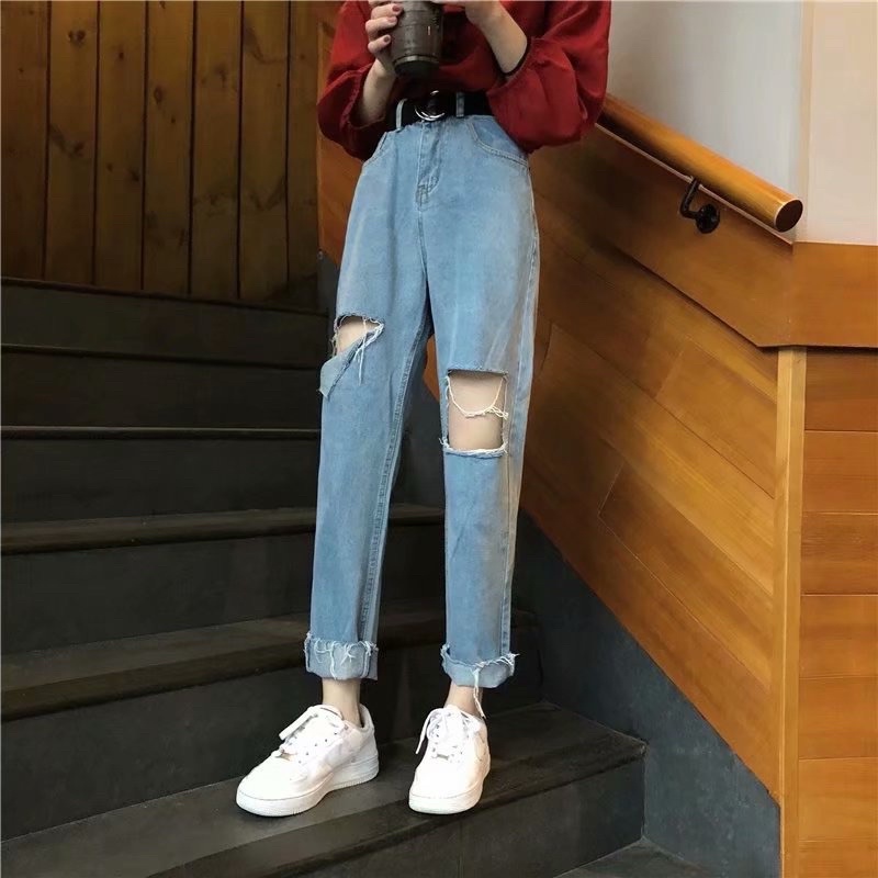 RIPPED JEANS IMPORT HIGHWAIST CELANA PANTS DENIM HW WANITA CEWEK BAGGY UNFINISH MX801