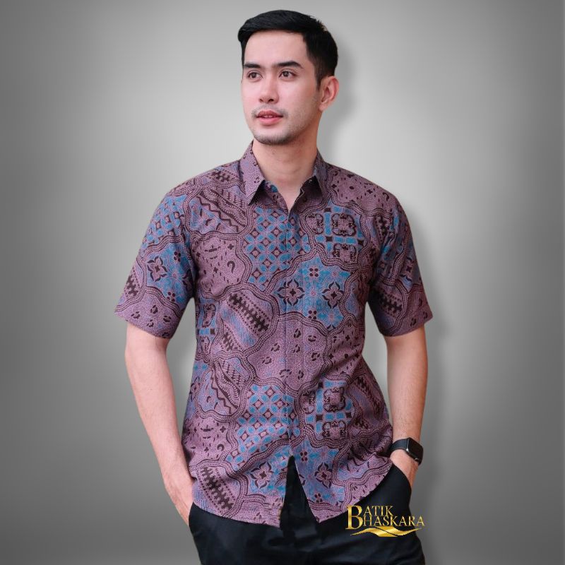 JAGADMUDA UNGU LILAC KEMEJA BATIK PRIA LENGAN SLIMFIT KATUN PRINTING HEM BAJU KANTOR MODERN Hem Atas