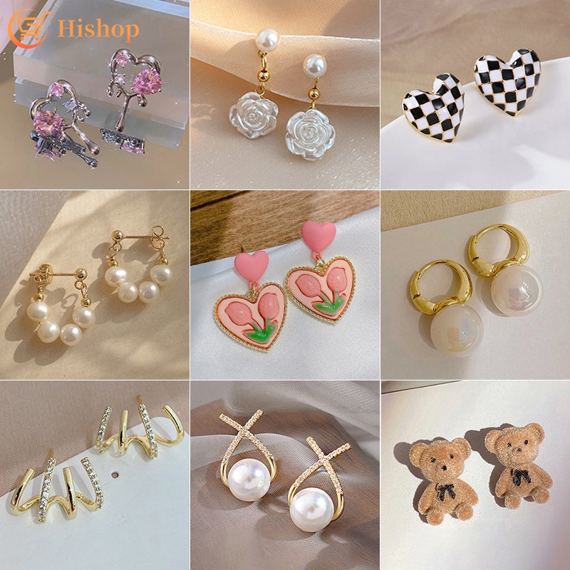 Set Anting Stud Hias Mutiara Kristal Bunga Hati Hollow Warna-Warni Gaya Korea Untuk Wanita