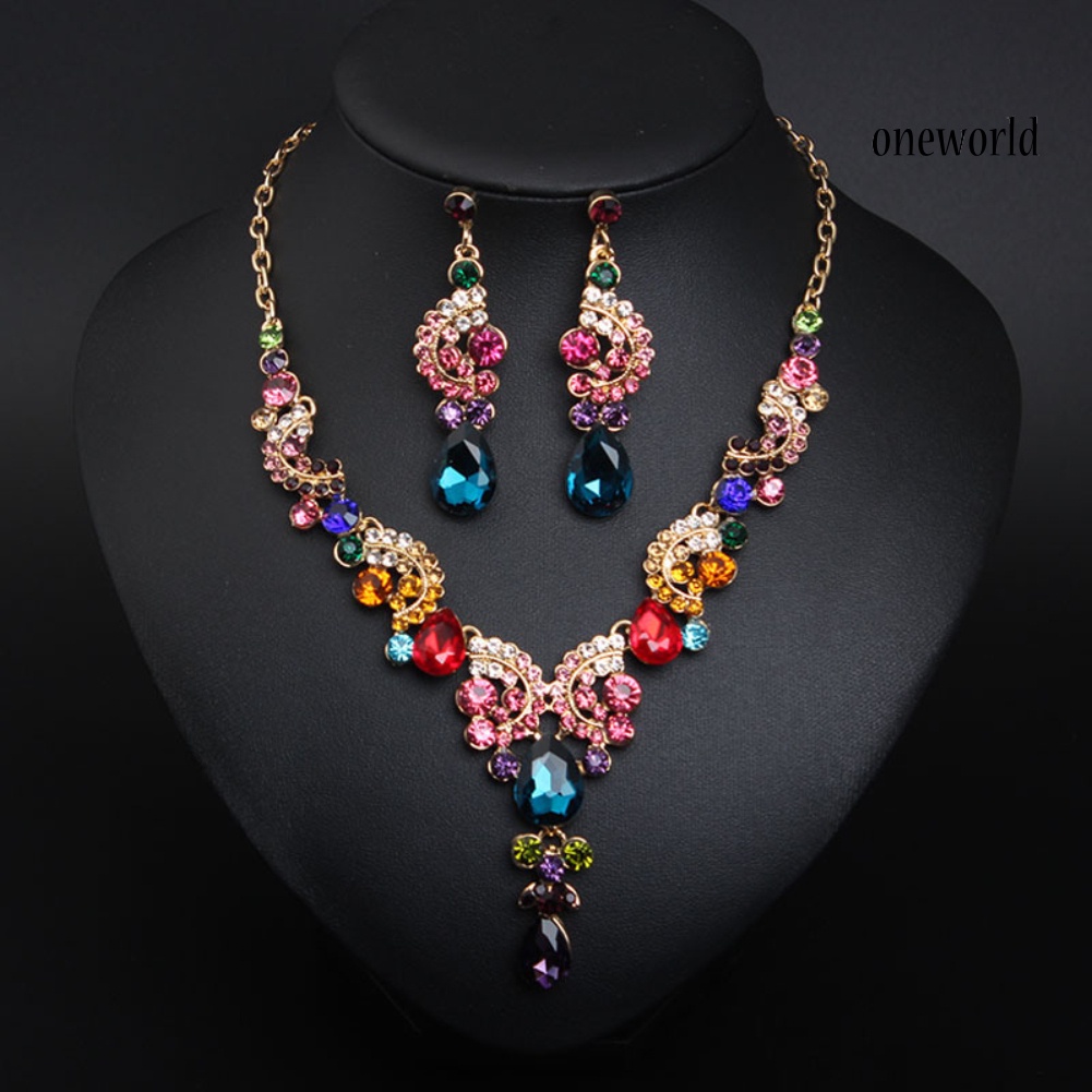 OW@ Luxury Women Rhinestone Pendant Chain Necklace Stud Earrings Wedding Jewelry Set