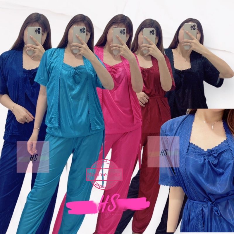 BAJU TIDUR WANITA CELANA PANJANG +KIMONO+INNER SATIN TRICOT FIT LD 94