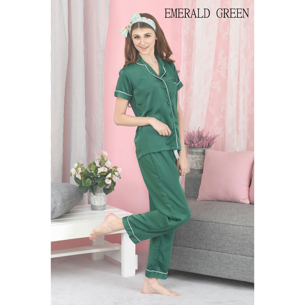 Piyama Celana Panjang Hijau Emerald Green Baju Tidur Cewek Silk Satin Premium Long Pants Pajamas