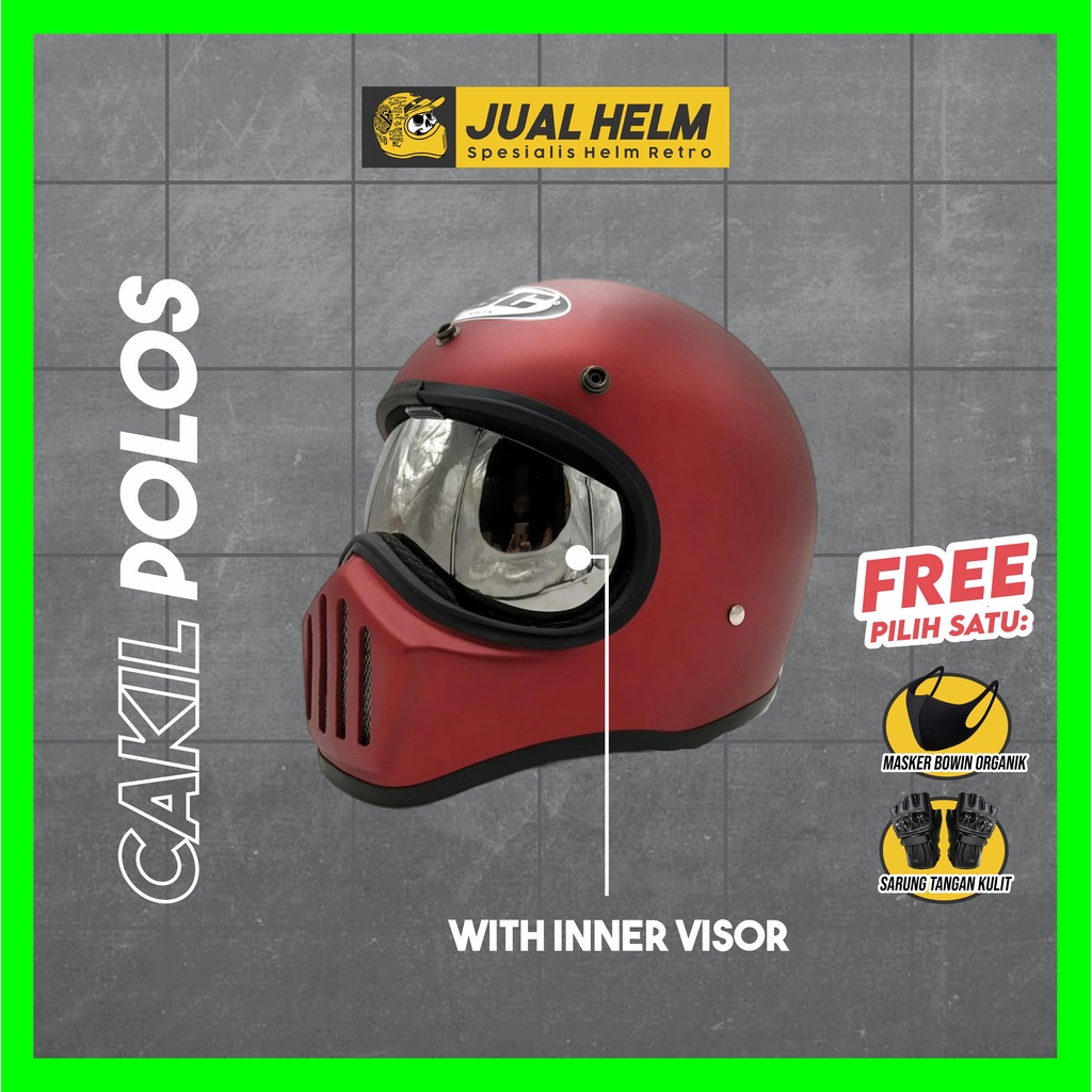 Helm Cakil HBC Polos Maroon Doff + Inner Visor ( Fullface / Retro / Klasik / Vespa ) marlino