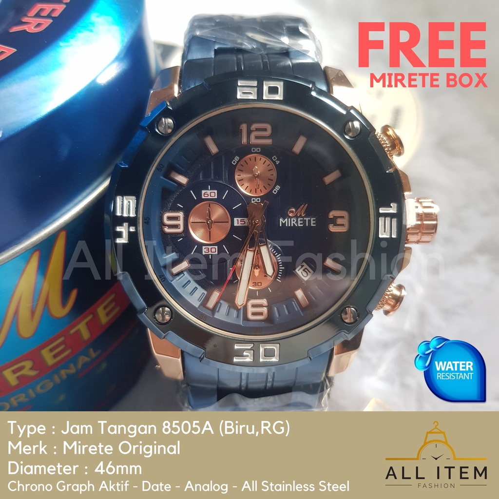 Jam Tangan Chrono Rantai MIRETE 8505A / Jam Tangan Pria Anti Air ORI /Arloji / Watches (FREE BOX)